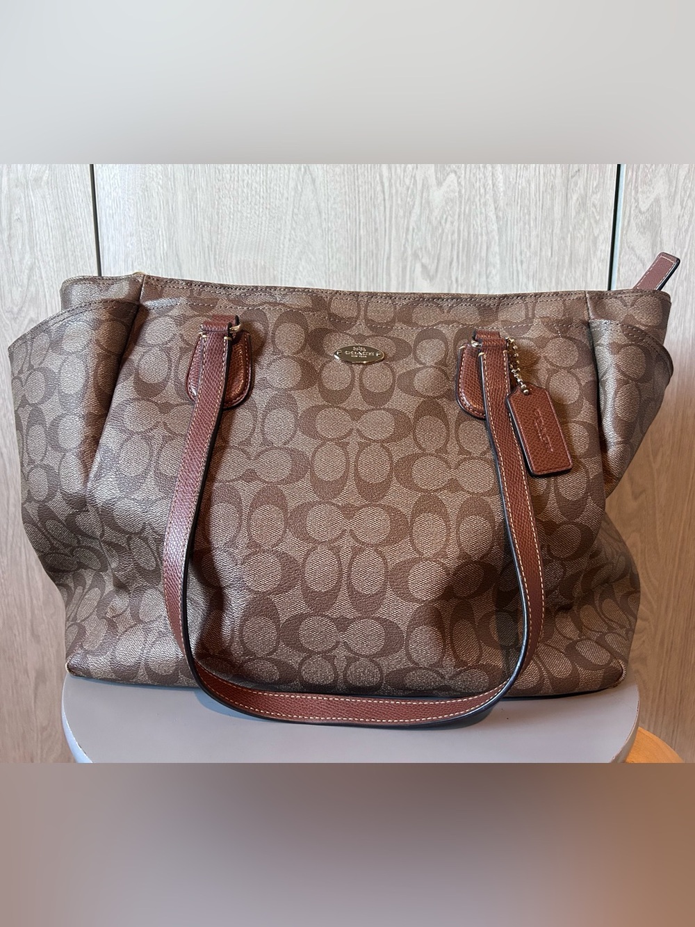 Coach Signature Canvas Large Diaper Bag Tote with Strap - Khaki/Saddle